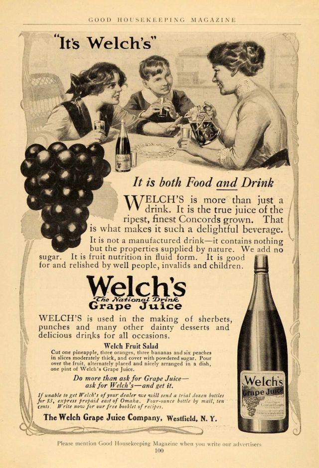 1912 black and white print ad for Welch's Grape Juice