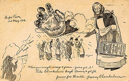 A black and white cartoon on a postcard. The caption reads 'Cape Town, 1st May 1916/ 'When you cough, sneeze and groan - you've got it!/ Take Chamberlain's Cough Remedy and get fit/ yours for Health, Granny Chamberlain'. Chamberlain's Cough Remedy was made by the Chamberlain Medicine Company from 1908 to 1918. 